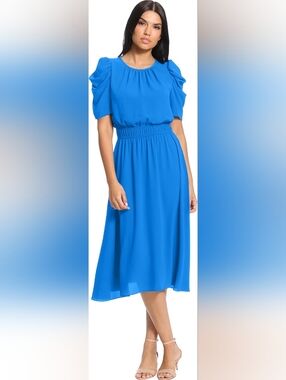 London Times Bright Blue Maxi Dress with Puff Sleeves